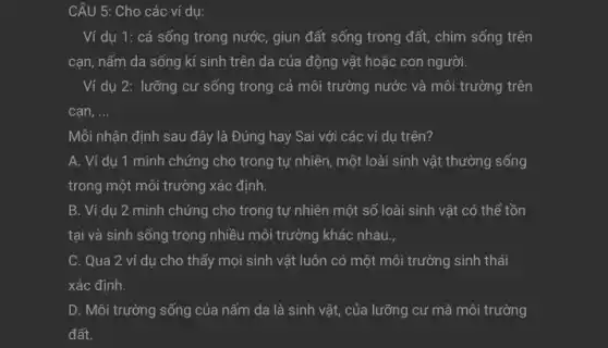 CÂU 5: Cho các ví dụ:
Ví dụ 1: cá sống trong nước, giun đất sống trong đất,chim sống trên
cạn, nấm da sống kí sinh trên da của động vật hoặc con người.
Ví dụ 2: lưỡng cư sống trong cả môi trường nước và môi trường trên
cạn, __
Mỗi nhận định sau đây là Đúng hay Sai với các ví dụ trên?
A. Ví dụ 1 minh chứng cho trong tự nhiên, một loài sinh vật thường sống
trong một môi trường xác định.
B. Ví dụ 2 minh chứng cho trong tự nhiên một số loài sinh vật có thể tồn
tại và sinh sống trong nhiều môi trường khác nhau.,
C. Qua 2 ví dụ cho thấy mọi sinh vật luôn có một môi trường sinh thái
xác định.
D. Môi trường sống của nấm da là sinh vật, của lưỡng cư mà môi trường
đất.