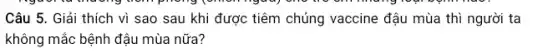 Câu 5. Giải thích vì sao sau khi được tiêm chủng vaccine đậu mùa thì người ta
không mắc bệnh đậu mùa nữa?