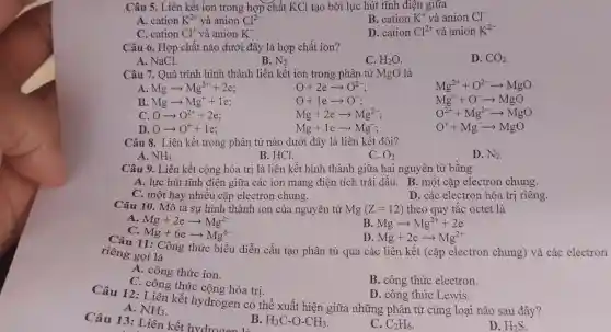 .Câu 5. Liên kết ion trong hợp chất KCl tạo bởi lực hút tĩnh điện giữa
A. cation K^2+ và anion Cl^2-
B. cation K^+ và anion Cl^-
C. cation Cl^+ và anion K^-
D. cation Cl^2+ và anion K^2-
Câu 6. Hợp chất nào dưới đây là hợp chất ion?
A. NaCl.
B. N_(2)
C. H_(2)O
D. CO_(2).
Câu 7. Quá trình hình thành liên kết ion trong phân tử MgO là
A Mgarrow Mg^2++2e
O+2earrow O^2-
Mg^2++O^2-arrow MgO
B Mgarrow Mg^++1e
O+learrow O^-
Mg^++O^-arrow MgO
C Oarrow O^2++2e
Mg+2earrow Mg^2-
O^2++Mg^2-arrow MgO
D. Oarrow O^++1e
Mg+1earrow Mg
O^++Mg^-arrow MgO
Câu 8. Liên kết trong phân tử nào dưới đây là liên kết đôi?
A. NH_(3)
B. HCl.
C. O_(2)
D. N_(2)
Câu 9. Liên kết cộng hóa trị là liên kết hình thành giữa hai nguyên tử bằng
A. lực hút tĩnh điện giữa các ion mang điện tích trái dấu. B. một cặp electron chung.
C. một hay nhiều cặp electron chung.
D. các electron hóa trị riêng.
Câu 10. Mô tả sự hình thành ion của nguyên tử Mg(Z=12) theo quy tắc octet là
A Mg+2earrow Mg^2-
B Mgarrow Mg^2++2e
C. Mg+6earrow Mg^6-
Mg+2earrow Mg^2+
riêng gọi là Công thức biểu diễn cấu tạo phân tử qua các liên kết (cặp electron chung)và các electron
A. công thức ion.
B. công thức electron
C. công thức cộng hóa trị.
D. công thức Lewis.
Câu 12: Liên kết h /drogen có thể xuất hiện giữa những phân tử cùng loại nào sau đây?
A. NH_(3)
C. C_(2)H_(6)
D. H_(2)S
Câu 13: Liên kết
B. H_(3)C-O-CH_(3)