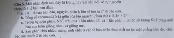 Câu 5. Mỗi nhận định sau đây là Đúng hay Sai khi nói về sự nguyên
phân từ 1 tế bào ban đầu?
A. Từ 1 tế bào ban đầu, nguyên phân k lần sẽ tạo ra 2^k tế bào con.
b. Tổng số chromatid ở kì giữa của lần nguyên phân thứ k là 4ntimes 2^k-1
C. Trong nguyên phân NST trải qua 1 lần nhân đôi và 1 lần phân li do đó số lượng NST trong mỗi
bào con luôn giống nhau và giông mẹ.
d. Sau phân chia nhân, màng sinh chất ở các tế bào nhân thực thắt eo tại mặt phẳng xích đạo chia
bào mẹ thành 2 tế bào con.