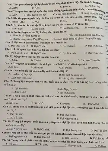 Câu 5. Theo quan điểm hiện đại, đại phân tử có khả nǎng nhân đôi xuất hiện đầu tiên trên Trái Đất là:
D. Axit nuclêiC.
A. ADN.
B. ARN.
Câu 6. Theo quan điểm hiện đại, nguồn nǎng lượng để tổng hợp nên các phân tử hữu cơ hình thành sự sốngkI. M
C. Prôtêin.
A. ATP.	B. nǎng lượng hóa họC.
C. nǎng lượng sinh họC.D. nǎng lượng tự nhiên
Câu 7. Bầu khí quyển nguyên thủy của Trái Đất (trước khi xuất hiện sự sống)chưa có (hoặc có rất ít) độn
D. hơi nướC.
A. mêtan (CH_(4))
B. NO_(3)
C. ôxi.
Câu 8. Di tích của các sinh vật để lại trong các lớp đất đá của vỏ Trái Đất là:
A. sinh vật cổ.
B. hóa thạch.
C. hóa thạch sống.
D. cổ sinh vật họC.
Câu 9. Trường hợp nào sau đây không phải là hóa thạch?
A. Than đá có vết lá dương xỉ
B. Dấu chân khủng long trên than bùn
C. Mũi tên đồng,trống đồng Đông sơn D.Xác côn trùng trong hồ phách hàng nghìn nǎm
Câu 10. Đại xuất hiện sớm nhất trong lịch sử Trái Đất là:
A. Đại Thái viễn cổ.B. Đại Cổ sinh
C. Đại Thái cổ.
D. Đại Trung sinh
Câu 11. Loài người xuất hiện vào đại nào sau đây?
A. Đại Nguyên sinh. B Đại Cổ sinh.
C. Đại Tân sinh.
D. Đại Trung sinh.
Câu 12. Động vật và thực vật lên cạn đầu tiên ở kỉ
A. Silua.
B. Cambri.
C. Đêvôn.
D. Cacbon (Than đá).
Câu 13. Trong lịch sử phát triển của sinh giới trên Trái Đất, bò sát cổ ngự trị ở
A. ki Jura.
B. ki Pecmi.
C. ki Đêvôn.
D. ki Cambri.
Câu 14. Đặc điểm nổi bật nào sau đây xuất hiện ở kỉ Đệ tứ?
A. Ôn định hệ thực vật.
B. Ôn định hệ động vật.
C. Xuất hiện loài người.
D. Sâu bọ phát triển mạnh
Câu 15. Trong lịch sử phát sinh và phát triển của sự sống trên Trái Đất,bộ linh trưởng xuất hì
xuất hiện ở
A. đại Tân sinh.
B. đại Nguyên sinh.
C. đại Cổ sinh.
D. đại Trung sinh
Câu 16. Trong lịch sử phát triển của sính giới qua các đại địa chất, lưỡng cư và côn trùng phá
sinh ở kỉ nào sau đây?
A. Ki Silua.
B. Kỉ Đêvôn.
C. Ki Pecmi.
D. Ki OcđôviC.
Câu 17. Trong lịch sử phát triển của sinh giới qua các đại địa chất, loài người xuất hiện ở đại nà
sau đây?
A. Đại Tân sinh.
B. Đại Trung sinh.
C. Đại Cổ sinh.
D. Đại Nguyên sinh.
Câu 18. Trong lịch sử phát triển của sinh giới qua các đại địa chất, các nhóm linh trưởng phát tri
ở đại nào sau đây?
A. Đại Nguyên sinh.
B. Đại Cổ sinh.
C. Đại Trung sinh.
D. Đại Tân sinh.
Câu 19 Trong lịch sử phát triển của sinh giới qua các đại địa chất, ở đại nào xuất hiện thực vật có hoa?
C. Đại Cổ sinh.
A. Đại Nguyên sinh.
B. Đại Tân sinh.
D. Đại Trung sinh
Câu 20. Trong lịch sử phát triển của sinh giới qua các đại địa chất, lưỡng cư phát sinh ở đại
A. Cổ sinh.
B. Tân sinh
C. Nguyên sinh.
D. Thái cổ.
- Ph
1.