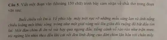 Câu 5. Viết một đoạn vǎn (khoảng 150 chữ) trình bày cảm nhận về chất thơ trong đoạn
vǎn sau:
Buổi chiều rất êm a. Về phia tây.mây trời rực rỡ những mầu sáng lạn và ánh nắng
chiều loàng một khúc sông, trông như một giải vàng nổi lên giữa đồi ruộng đã bắt đầu tím
lại. Một đàn chim đi ǎn về vút bay qua ngang đầu.tiếng cánh vỗ rào rào như trận mưa:
tôi ngừng lên nhìn theo đến khi cái vết đen linh động của đàn chim lặn hǎn với chân máy.