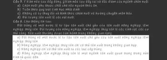 Câu 5. Y kiến nào sau đây đúng. y kiến nào sau đây sai về đặc điểm của ngành chǎn nuôi.
a) Chǎn nuôi phụ thuộc chặt chẽ vào nguòn thức ǎn.
b) Tuân theo quy luật sinh học nhất định.
c) Không có sự thay đổi về hình thức chǎn nuôi và hướng chuyên Mòn hóa.
d) Đổi tượng sản xuất là các vật nuôi.
Câu 6. Cho thông tin sau:
Đất trồng và Mặt nước là tư liệu sản xuất chủ yếu của sản xuất nòng nghiệp. lâM
nghiệp. thủy sản. Đổi tượng của nông nghiệp . làm nghiệp. thủy sản là các sinh vật . các cơ
thể sóng. Sản xuất thư ông được tiền hành trong không gian rộng.
a) Đất trồng và Mặt nước là tư liệu sản xuất chủ yếu của sản xuất nông nghiệp . I Ô M
thủy sản.
b) Nong nghiệp. Iam nghiệp, thủy sản chỉ có thể sản xuất trong không gian hẹp.
c) Nông nghiệp chỉ có thể sản xuất ra các loại cây trồng.
d) Nông nghiệp. làm nghiệp .thủy sản là Một ngành sản xuất quan trọng trong nền
kinh tế quốc dân.