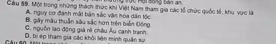 Câu 59. Một trong những thách thức khi Việt Nam tham gia các tổ chức quốc tế, khu vực là
- of non thương trực Hội đóng bán an.
A. nguy cơ đánh mất bản sắc vǎn hóa dân tộC.
B. gây mâu thuẫn sâu sắc hơn trên biển Đông.
C. nguồn lao động giá rẻ châu Âu cạnh tranh.
D. bị ép tham gia các khối liên minh quân sự.
Câu 60. Một trong nghà các