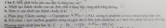 Câu 5.Mỗi phát biểu nào sau đây là đún g hay sai?
a. Nhiệt tao hành chuẩn của ¿ các đơn chất ở dạng bền vữn g nhấ t bằng không.
b. Đo n vị của nhiệt tạo thành chuẩn là kJ.
c.Phản ứng: C(kim curong)arrow C(graphite)Delta _(r)H_(298)^0=-1,9kJ chứng tổ graphite có mức nǎng lương thấp hơn.
d.Đốt cháy 1 mo l cacl bon graphite trong oxygen dư (ở điều kiện chuẩn)tạo ra 1 mol CO_(2) ,nhiệt tỏa ra là 393,5kJ.
Delta _(r)H_(298)^0=393,5kJ