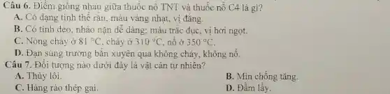 Câu 6. Điểm giống nhau giữa thuốc nổ TNT và thuốc nổ C4 là gì?
A. Có dạng tinh thể rǎn, màu vàng nhạt, vị đǎng.
B. Có tính dẻo.nhào nǎn dễ dàng; màu trắc đục, vị hơi ngọt.
C. Nóng chảy ở 81^circ C , chảy ở 310^circ C nổ ở 350^circ C
D. Đạn súng trường bǎn xuyên qua không cháy , không nổ.
Câu 7. Đối tượng nào dưới đây là vật cản tự nhiên?
A. Thủy lôi.
B. Mìn chống tǎng.
C. Hàng rào thép gai.
D. Đầm lầy.