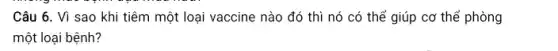 Câu 6. Vì sao khi tiêm một loại vaccine nào đó thì nó có thể giúp cơ thể phòng
một loại bệnh?