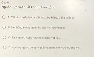 Câu 6:
Nguồn lực vật chất không bao gồm:
A. Tài sản có định như đất đai cừa hàng, trang thiết bi... __
B. Hệ thống thông tin thị trường và thương mại.
C. Tài sản lưu động như hàng hóa vật tư __
D. Lực lượng lao động hoạt động trong lính vực thương mại.