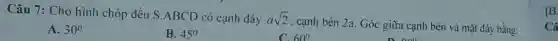 Câu 7: Cho hình chóp đều S ABCD có canh đáy asqrt (2)
cạnh bên 2a. Góc giữa cạnh bên và mặt đáy bằng:
A. 30^0
B. 45^0
60^circ 
B
Câ