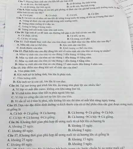 Câu 7. Phương thức sinh sản của hầu hết các loài cá là
B. cá đè trứng thụ tinh trong.
A. cá đè con thụ tinh ngoài.
D. cá đè con thụ tinh trong.
C. cá đè trứng, thụ tinh ngoài.
Câu 8. Hiện tượng trứng cá sau khi giải phóng sẽ dính vào các giá thể trong môi trường nước là đặc
điểm loài cá nào sau đây?
A. Cá rô phi.
B. Cá chép.
C. Cá trôi.
D. Cá tầm.
Câu 9. Cá trôi và cá trǎm cái sau khi đẻ trứng trong nước thì trứng sẽ tồn tại ở trạng thái nào?
A. Trứng sẽ dính vào các giá thể trong môi trường nướC.
B. Trứng chìm xuống tổ ở đáy ao.
C. Trứng lơ lừng ở trong nướC.
D. Trứng trôi nổi hoàn toàn trên mặt nướC.
Câu 10. Tập tính di cư để sinh sản thường bắt gặp ở các loài cá nào sau đây
A. Cá chép, cá tra.
B. Cá trôi, cá tra.
C. Cá tra, cá song.
D. Cá song, cá rô phi.
Câu 11. Tuổi thành thục sinh dục của tôm được xác định dựa vào đặc điểm nào sau đây?
A. Màu sắc của cơ thể tôm.
B. Sức sinh sản của tôm.
C. Kích thước của tôm.
D. Khối lượng co thể của tôm.
Câu 12. Phát biểu nào sau đây đúng khi nói về mùa sinh sản của tôm sú trong tự nhiên?
A. Mùa vụ sinh sản của tôm sú vào tháng 3 đến tháng 10 hằng nǎm.
B. Mùa vụ sinh sản của tôm sú vào tháng 1 đến tháng 10 hằng nǎm.
C. Mùa vụ sinh sản của tôm sú vào thǎng 1 đến tháng 4 hằng nǎm.
D. Mùa vụ sinh sản của tôm sú vào tháng 12 nǎm trước đến tháng 4 nǎm sau.
Câu 13. Đặc điểm nào đúng khi nói về sinh sản của tôm?
A. Tôm phân tính.
B. Khi mới nở là lưỡng tính, lớn lên là phân tính.
C. Tôm lưỡng tính.
D. Khi mới nở là con cái, lớn lên là con đựC.
Câu 14. Tại sao trong quá trình lớn lên, ấu trùng tôm phải lột xác nhiều lần?
A. Vì lớp vỏ mất dần canxi, không còn khả nǎng bảo vệ.
B. Vì chất kitin được tôm tiết ra phía ngoài liên tụC.
C. Vì lớp vỏ cứng rắn cản trở sự lớn lên của tôm.
D. Vì sắc tố vỏ ở tôm bị phai, nếu không lột xác thì tôm sẽ mất khả nǎng nguy trang.
Câu 15. Dựa vào đặc điểm dinh dưỡng và kích thước của cá có thể phân chia các giai đoạn ương nuôi
cá giống là
A. Cá bột ­­­­→Cá giống ­­­­→ Cá hương.
B. Cá hương >Cá giống ­­­­→ Cá bột.
C. Cá bột ­­­­→Cá hương ­­­­→Cá giống.
D. Cá hương ­­­­→Cá bột ­­­­→ Cá giống.
Câu 16. Khoảng thời gian phù hợp đê ương nuôi từ cá bột lên cá hương là
A. khoảng 25 ngày.
B. khoảng 15 ngày.
C. khoảng 60 ngày.
D. khoảng 5 ngày.
Câu 17. Khoảng thời gian phù hợp để ương nuôi từ cá hương lên cá giống là
A. khoảng 25 ngày.
B. khoảng 15 ngày.
C. khoảng 60 ngày.
D. khoảng 5 ngày.
Khâu nào sau đây là khôn thắt buộc trong các hước chuẩn bị ao ương nuôi cá?