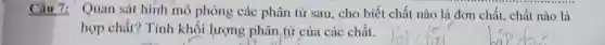 Câu 7: Quan sát hinh mô phỏng các phân tử sau, cho biết chất nào là đơn chất, chất nào là
hợp chất? Tính khối lượng phân tử của các chất.