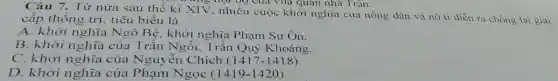 Câu 7. Từ nửa sau thế kỉ XIV , nhiều cuộc khởi nghĩa của nông dân và nô ti diễn ra chống lại giai
nghọi bộ của vua quan nhà Trân.
cấp thống trị, tiêu biểu là
A. khởi nghĩa Ngô Bệ, khởi nghĩa Phạm Sư Ôn.
B. khởi nghĩa của Trần Ngỗi, Trần Quý Khoảng.
C. khởi nghĩa của Nguyễn Chích (1417-1418).
D. khởi nghĩa của Phạm Ngọc (1419-1420)