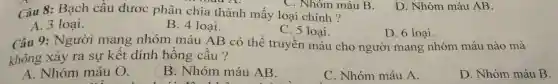 Câu 8: Bạch cầu đươc phân chia thành mấy loại chính?
C. Nhóm máu B.
A. 3 loại.
B. 4 loại.
C. 5 loại.
D. 6 loại.
Câu 9:Người mang nhóm máu AB có thể truyền máu cho người mang nhóm máu nào mà
không xảy ra sự kết dính hồng cầu?
A. Nhóm máu O.
B. Nhóm máu AB.
C. Nhóm máu A.
D. Nhóm máu B.
D. Nhóm máu AB.