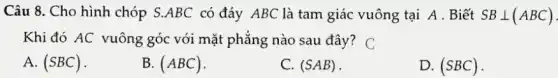 Câu 8. Cho hình chóp S.ABC có đáy ABC là tam giác vuông tại A . Biết SBbot (ABC)
Khi đó AC vuông góc với mặt phẳng nào sau đây? C
A. (SBC)
B. (ABC)
C. (SAB)
D. (SBC)