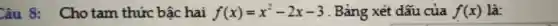 Câu 8: (Cho tam thức bậc hai f(x)=x^2-2x-3 . Bảng xét dấu của f(x) là: