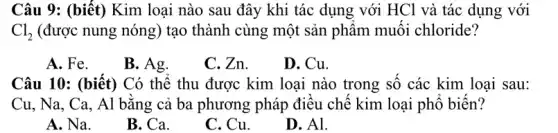 Câu 9: (biết) Kim loại nào sau đây khi tác dụng với HCl và tác dụng với
Cl_(2) (được nung nóng) tạo thành cùng một sản phẩm muối chloride?
A. Fe.
B. Ag.
C. Zn.
D. Cu.
Câu 10: (biết) Có thể thu được kim loại nào trong số các kim loại sau:
Cu, Na, Ca, Al bằng ; cả ba phương pháp điều chế kim loại phổ biến?
A. Na.
B. Ca.
C. Cu.
D. Al.