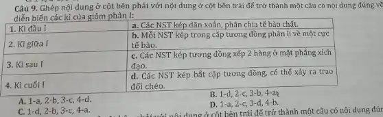 Câu 9. Ghép nội dung ở cột bên phải với nội dung ở cột bên trái để trở thành một câu có nội dung đúng về diễn biến các kì của giảm phân mathrm(I) :

 1. Kì đầu I & a. Các NST kép dãn xoắn, phân chia tế bào chất. 
 2. Kì giữa I & }(l)
b. Mỗi NST kép trong cặp tương đồng phân li về một cực 
tế bào.
 
 3. Kì sau I & 
c. Các NST kép tương đồng xếp 2 hàng ở mặt phẳng xích 
đạo.
 
 4. Kì cuối I & 
d. Các NST kép bắt cặp tương đồng, có thể xảy ra trao 
đổi chéo.
 


A. 1-a, 2-b, 3-c, 4-d.
B. 1-d, 2-c, 3-b, 4-a&
C. 1-d, 2-b, 3-c, 4-a.
D. 1-a, 2-c, 3-d, 4-b.