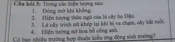 Câu hỏi 3:Trong các hiện tượng sau:
1. Đóng mở khí khổng.
2. Hiện tượng thức ngủ của lá cây họ Đậu.
3. Lá cây trinh nữ khép lại khi bị va chạm , cây bắt ruồi.
4. Hiện tưởng nở hoa bồ công anh.
Có bao nhiêu trường hợp thuộc kiểu ứng động sinh trưởng?