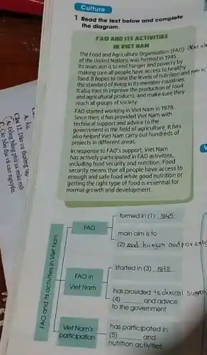 Culture
1 Read the text below and complete
the diagram.
FAO AMD ITS ACTIVITIES
IN VIET NAM
The Food and Agriculture Organisation (FAO) #6ng với
of the United Nations was formed in 1945.
Its main aim is to end hunger and poverty by
making sure a to end hunger and is to healthy sure all people have access to healthy palrisi
the standard of living in its member countries.
It also tries to improve the production of food
and agricultural products.and make sure they
reach all groups of society.
FAO started working in Viet Nam in 1978.
Since then, it has provided Viet Nam with
technical support and advice to the
government in the field of agriculture. It has
also helped VietNam carry out hundreds of
projects in different areas.
In response to FAO's support, Viet Nam
has actively participated in FAO activities,
including food security and nutrition Food
security means that all people have access to
enough and safe food while good nutrition or
getting the right type of food is essential for
normal growth and development.
FAO
FAO in
Viet Nam
formed in (1) __
main aim is to
(2) __ hungest andpoveth
r started in (3) __
has provided technical suppor
(4) __ and advice
to the government
has participated in
(5) __ and
nutrition activities
Viet Nam's
participation