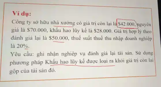 dụ:
Công ty sở hữu nhà xưởng có giá trị còn lai là 42.000 nguyên
giá là 70.000 , khấu hao lũy kế là 28.000 . Giá trị hợp lý theo
đánh giá lại là 50.000 , thuế suất thuế thu nhập doanh nghiệp
là 20% 
Yêu cầu:ghi nhận nghiệp vụ đánh giá lại tài sản. Sử dung
phương pháp Khấu hao lũy kế được loại ra khỏi giá trị còn lai
gộp của tài sản đó.