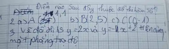 Diêm nà Sau dây thuốc dồ thi hàm sô? 2 a) A(1,1 b) B(2,5) c) C(0 ;-1) 3 vécto' di hs y=2 x và y=-2 x+2 H enaing mạt phäng tro do