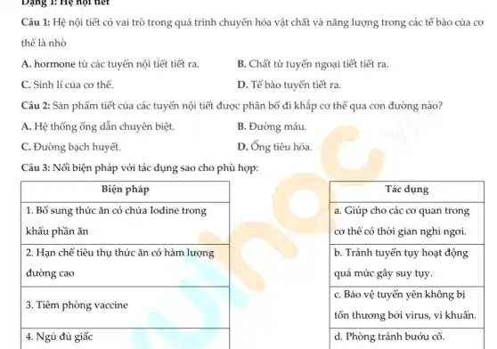 Dạng 1: Hệ nội tiết
Câu 1: Hệ nội tiết có vai trò trong quá trình chuyển hóa vật chất và nǎng lượng trong các tế bào của cơ
thể là nhờ
A. hormone từ các tuyển nội tiết tiết ra.
B. Chất từ tuyến ngoại tiết tiết ra.
C. Sinh lí của cơ thể.
D. Tế bào tuyến tiết ra.
Câu 2: Sản phẩm tiết của các tuyến nội tiết được phân bố đi khắp cơ thể qua con đường nào?
A. Hệ thống ống dẫn chuyên biệt.
B. Đường máu.
C. Đường bạch huyết.
D. Ống tiêu hóa.
Câu 3: Nối biện pháp với tác dụng sao cho phù hợp:
Biện pháp
1. Bổ sung thức ǎn có chứa Iodine trong
khẩu phần ǎn
2. Hạn chế tiêu thụ thức ǎn có hàm lượng
đường cao
3. Tiêm phòng vaccine
4. Ngủ đủ giấc
Tác dụng
a. Giúp cho các cơ quan trong
cơ thể có thời gian nghỉ ngơi.
b. Tránh tuyến tụy hoạt động
quá mức gây suy tụy.
C. Bảo vệ tuyến yên không bị
tổn thương bởi virus , vi khuẩn
d. Phòng tránh bướu . cổ.