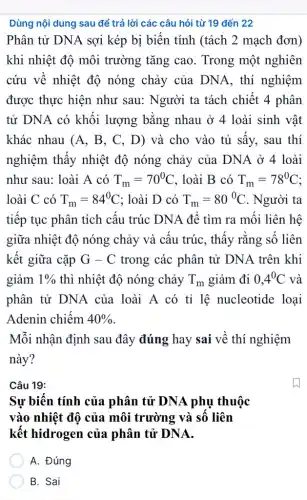 Dùng nội dung sau để trả lời các câu hỏi từ 19 đến 22
Phân tử DNA sợi kép bị biến tính (tách 2 mạch đơn)
khi nhiệt độ môi trường tǎng cao . Trong một nghiên
cứu về nhiệt độ nóng chảy của DNA, thí nghiệm
được thực hiện như sau: Người ta tách chiết 4 phân
tử DNA có khối lượng bằng nhau ở 4 loài sinh vật
khác nhau (A . B, C, D) và cho vào tủ sấy.sau thí
nghiệm thấy nhiệt độ nóng chảy của DNA ở 4 loài
như sau: loài A có T_(m)=70^circ C . loài B có T_(m)=78^circ C
loài C có T_(m)=84^0C : loài D có T_(m)=80^circ C . Người ta
tiếp tục phân tích cấu trúc DNA để tìm ra mối liên hệ
giữa nhiệt độ nóng chảy và cấu trúc , thấy rằng số liên
kết giữa cặp G-C trong các phân tử DNA trên khi
giảm 1%  thì nhiệt độ nóng chảy T_(m) giảm đi 0,4^0C và
phân tử DNA của loài A có tỉ lệ nucleotide loại
Adenin chiếm 40% 
Mỗi nhận định sau đây đúng hay sai về thí nghiệm
này?
Câu 19:
Sự biến tính của phân tử DNA phụ thuộc
vào nhiệt độ của môi trường và sô liên
kết hidrogen của phân tử DNA.
A. Đúng
B. Sai