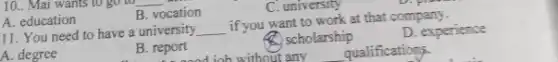 A. education
B. vocation
11. You need to have a university __
if you want to work at that company.
D. experience
(A) scholarship
__
C. university
A. degree
B. report
.reported job without any
qualifications.