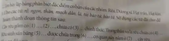 . Em hãy lập bảng phân biệt đặc điểm cơ bản của các nhóm: Rêu , Dương xỉ Hạt trắn, Hat kín.
: Cho các từ: rễ,
ngọn, thân,mạch dẫn, lá , túi bào tủ, bào từ. Sử dụng các tử đã cho để
hoàn thành đoạn thông tin sau:
Réu sinh sản bằng (5) __ được chứa trong (6) __ cơ quan này nằm ở (7) __ cày rêu.
Cho cả đồ sau:
Can rêu góm có (1) __ (2) __ chưa có (3) __
chính thúc.Trong thân và lá rêu chua có
(4) __