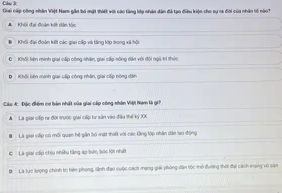 Giai cấp công nhân Việt Nam gắn bó mật thiết với các tầng lớp nhân dân đã tạo điều kiện cho sự ra đời của nhân tố nào?
A Khối đại đoàn kết dân tộc
B Khối đại đoàn kết các giai cấp và tầng lớp trong xã hội
C Khối liên minh giai cấp công nhân, giai cấp nông dân với đội ngũ trí thức
D Khối liên minh giai cấp công nhân, giai cấp nông dân
Câu 4: Đặc điếm cơ bản nhất của giai cấp công nhân Việt Nam là gì?
A Là giai cấp ra đời trước giai cấp tư sản vào đầu thế kỷ XX
B Là giai cấp có mối quan hệ gắn bó mật thiết với các tầng lớp nhân dân lao động
Là giai cấp chịu nhiều tầng áp bức, bóc lột nhất
D
Là lực lượng chính trị tiên phong, lãnh đạo cuộc cách mạng giải phóng dân tộc mở đường thời đại cách mạng vô sản