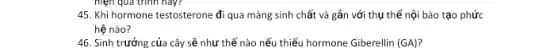 hiện qua	nay?
45. Khi hormone testosterone đi qua màng sinh chất và gần với thụ thể nội bào tạo phức
hệ nào?
46. Sinh trưởng của cây sẽ như thế nào nếu thiếu hormone Giberellin (GA)
