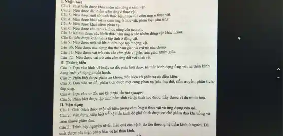 I. Nhận biết
Câu 1. Phát biều được khái niệm cảm ứng ở sinh vật.
Câu 2:Nêu được đặc điểm cảm ứng ở thực vật.
Câu 3:Nêu được một số hìn h thức biểu hiện của cảm ứng ở thực vật.
Câu 4:Nêu được khái niệm cảm ứng ở thực vật, phân loại i cảm ứng.
Câu 5:Nêu được khái niên
Câu 6: Nêu được cấu tạo và chứ c nǎng của neuron.
Câu 7: Kể tên được cá c hình thứ c cảm ứng ở các nhón n động vật khác nhau.
Câu 8: Nêu được khái niệm tập tính ở động vật.
Câu 9: Nêu được khái hệm tập tính ở động động vật.
Câu 10:Nêu được các dạng thụ 1 thể cảm giác và vai trò của chúng.
Câu 11:Nêu được vai trò của các cản giác vị giác, xúc giác khứu giác.
Câu 12:Nêu được vai trò củ a cảm ứng đối với sinh vật.
II. Thông hiểu
Câu 11: Dưa và hình vẽ hoặ c sơ đồ, phân biệt được hệ thần kinh dạng ống với hệ thần kinh
dang lưới và dang chu lỗi hạch.
Câu 2: Phân biệt được : phản xạ không điều kiện và phản xạ có điều kiện
Câu 3: Dựa vào sơ đồ , phân tích được một cung phản xạ (các thụ thể, dẫn truyền , phân tích,
đáp ứng.
Câu 4: Dưa vào sơ đồ , mô tả được cấu tạo synapse.
Câu 5: Phân biêt được tập tính bầm sinh và tập t ính học được Lấy được ví du minh hoa.
II. Vận dụng
Câu 1.Giải th ích được một số hiệt tượng cản lứng ở t]hực vật và ứng dụng của nó.
Câu 2: Vậr dụng hiểu biết về hệ thần kinh để giải thích được cơ chế giảm đ au khi uống và
tiêm thuốc giảm đau.
Câu 13: Trình bày nguyên nhân hậu quả của bệnh do tổr thương hệ thần kinh Ở người. Đề
xuất được các b iên pháp bảo vệ hệ thần kinh.