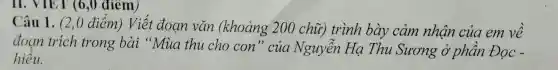 II. VIET (6,0 điểm)
đoạn trích trong bài -Mia thu cho having của chữ):n Hạ Thu Sương ở phần Doc-
Câu 1. (2,0 điểm) Ví ít đoạn vǎn (kh cảng 200 chữ) trình bày cảm nhân của em về
hiểu.