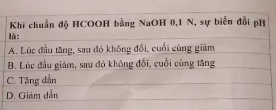 Khi chuẩn độ HCOOH bằng NaOH 0,1 N,sự biến đổi pH
là:
A. Lúc đầu tǎng , sau đó không đổi, cuối cùng giảm
B. Lúc đầu giảm, sau đó không đổi,cuối cùng tǎng
C. Tǎng dần
D. Giảm dần