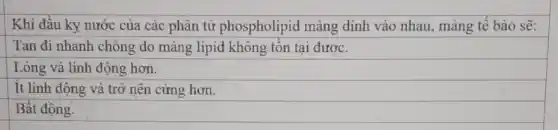 Khi đầu ky nước của các phân tử phospholipid màng dính vào nhau, màng tế bào sẽ:
Tan đi nhanh chóng do màng lipid không tồn tai đươc.
Lòng và linh động hơn.
It linh động và trở nên cứng hơn.
Bất động.