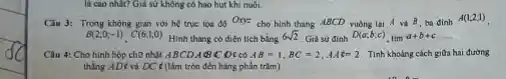 là cao nhất? Giá sử không có hao hụt khi nuôi.
Câu 3: Trong khong gian với hệ trục tọa d) One cho hinh thang ABCD vuông tại A và B, ba đinh
A(1,2;1)
B(2;0;-1) C(6;1;0) Hinh thang có dien tích bằng
6sqrt (2) Gia sử đinh D(a,b;c) tìm a+b+c
Câu 4: Cho hình hộp chữ nhật ABCD.A B C D < có AB=1,BC=2,AAC=2 Tinh khoung cách giOa hai đường
thẳng ADtvà DC < (làm tròn đến hàng phần trâm)