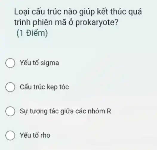 Loai cấu trúc nào giúp kết thúc quá
trình phiên mã ở prokaryote?
(1 Điểm)
Yếu tố sigma
Cấu trúc kẹp tóc
Sự tương tác giữa các nhóm R
Yếu tố rho