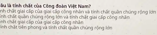 lâu là tính chất của Công đoàn Việt Nam?
nh chất giai cấp của giai cấp công nhân và tính chất quần chúng rộng lớn
inh chất quần chúng rộng lớn và tính chất giai cấp công nhân
nh chất giai cấp của giai cấp công nhân
ính chất tiên phong và tính chất quần chúng rộng lớn