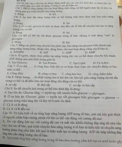 Mã đê 02
Anh/chị hãy chọn phương án đúng/ đúng nhất cho các câu hỏi dưới đây và đánh dấu
(X)
vào phần lựa chọn đáp án đúng ở trang 4 của đề kiểm tra:
Câu 1: Để có nǎng lượng cho các hoạt động sinh công, cơ thể người phải lấy từ thức ǎn
thông qua quá trình chuyển hóa nǎng lượng.
A. Đúng
B. Sai
Câu 2: Sự biến đổi nǎng lượng trên cơ thể không tuân theo định luật bảo toàn nǎng
lượng.
A. Đúng
B. Sai
Câu 3: Ở cơ thể, glucose từ máu sẽ được đưa đến các tế bào để chuyển hóa tạo ra nǎng
lượng cho cơ thể.
A. Đúng
B. Sai
Câu: Cơ thể có thể dự trữ được glucose trong tế bào,nhưng ở một dạng "nén" là
glycogen.
A. Đúng
B. Sai
Câu 5: Bằng các phản ứng chuyển hóa phức tạp, hóa nǎng của glucose biến thành một
dạng nǎng lượng khác,thuận tiện, dùng được cho mọi hoạt động sống của tế bào là :
A. NADPH
B. ATP
C. ADP
D. AMP
Câu 6: Ở người,nhóm thực phẩm tạo nǎng lượng khi vào cơ thể được chuyển hóa thành
ATP, thông qua quá trình trung gian là:
A. Tạo Glucose.
B. Tạo Protein.
C. Tạo Lipid.
D. Cả A,B ,C.
Câu 7: Ở cơ thê, __ là công thực hiện khi co cơ hoặc thực hiện các chuyển động cơ học
trên cơ thể.
A. Công điện
B. công cơ học
C. công hóa học
D. công thẩm thấu
Câu 8: Nhiệt lượng __ là nhiệt lượng tỏa ra khi đứt các liên kết giàu nǎng lượng dự trữ sẵn
trong cơ thể và để điều hòa các hoạt động chủ động của cơ thể.
A. sơ câp
B. thứ câp
C. sơ câp và thứ cấp
Câu 9: Sơ đồ chuyển hóa trong cơ thể nào dưới đây là đúng:
A. Sau khi ǎn:Glucose tǎng -> tuyến tụy tiết insulin biến glucose - glycogen.
B. Ở xa bữa ǎn: Glucose giảm ­­­­→ tuyến tụy tiết glucagon biến glycogen ­­­­→ glucose ­­­­→
glucose trong máu tǎng lên và duy trì ở mức ổn định.
C. Cả A và B đúng
D. Cả A và B đều sai
Câu 10: Từ hiểu biết về sự tổng hợp nǎng lượng ATP trong tê bào, anh chị hãy giải thích
về nguyên nhân hiện tượng chuột rút khi cơ thể vận động với cường độ cao:
A. Do vận động liên tục với cường độ cao và mất sức khiến không đáp ứng đủ nhu cầu
oxy cho các tế bào, quá trình chuyển hóa nǎng lượng ở tê bào từ hiếu khí sẽ chuyển sang
hướng phản ứng yếm khí, kết quả là hiệu suất tạo ra nǎng lượng ATP rất thấp không đáp
ứng nhu cầu nǎng lượng cho tế bào.
B. Quá trình tổng hợp nǎng lượng trong tế bào theo hướng yếm khí tạo ra acid lactic gây