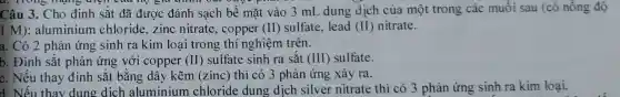 a. mon s mang diện
Câu 3. Cho định sắt đã được đánh sạch bề mặt vào 3 mL dung dịch của một trong các muối sau (có nồng độ
1 M): aluminium chloride,zinc nitrate, copper (II) sulfate, lead (II) nitrate.
a. Có 2 phản ứng sinh ra kim loại trong thí nghiệm trên.
b. Đinh sắt phản ứng với copper (II) sulfate sinh ra sắt (III) sulfate.
c. Nếu thay định sắt bằng dây kẽm (zinc)thì có 3 phản ứng xảy ra.
d. Nếu th ay dung dịch aluminium chloride dung dịch silver nitrate thì có 3 phản ứng sinh ra kim loai.