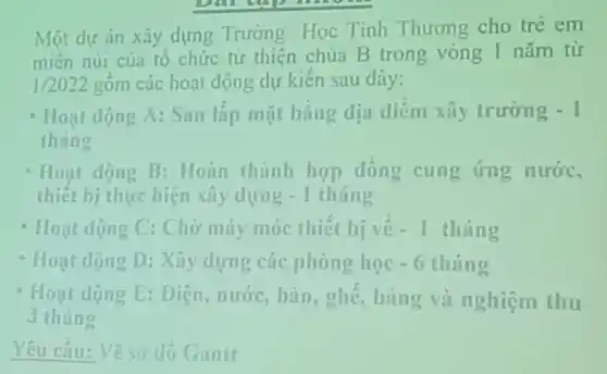 Một dự án xây dựng Trường Học Tình Thương cho trẻ em
miền núi của tố chức từ thiện chua B trong vòng 1 nǎm từ
1/2022 gồm các hoạt động dự kiến sau đây:
Hoạt dộng A:San lấp mặt bằng dịa điểm xây trường -1
tháng
Hoạt dọng B:Hoàn thành hợp đồng cung ứng nước.
thiết bị thực hiện xây dựng -1 tháng
Hoạt dọng C:Chờ máy móc thiết bị về -1 tháng
Hoạt dộng D:Xây dựng các phòng học -6 tháng
Hoạt dộng E:Diện, nước,bàn, ghế, bảng và nghiệm thu
3 tháng
Yêu cầu: Vẽ sơ do Gantt