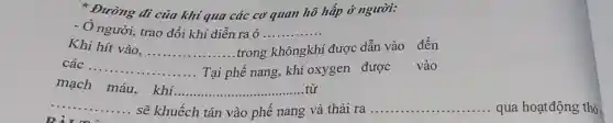 * Đường đi của khi qua các cơ quan hô hấp ở người:
- Ở người, trao đổi khí diễn ra ở ............. __
Khi hít vào. __ trong khôngkhí
được dẫn vào đến
các .... __ Tại phế nang, khi oxygen được vào
mạch máu. khí __ từ
__
...
.......sẽ khuếch tán vào phế nang và thải ra __ qua hoạtđộng thờ