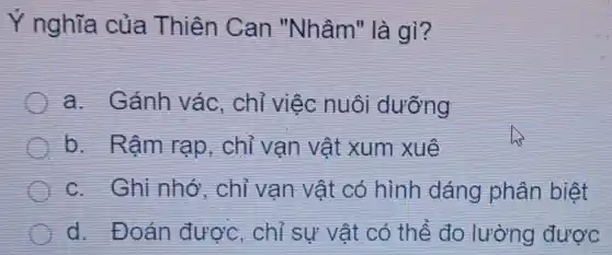 Ý nghĩa của Thiên Can "Nhâm" là gì?
a. Gánh váC. chỉ việc nuôi dưỡng
b. Rậm rạp , chỉ vạn vật xum xuê
C. Ghi nhớ , chỉ vạn vật có hình dáng phân biệt
d. Đoán được, chỉ sự vật có thể đo lường được