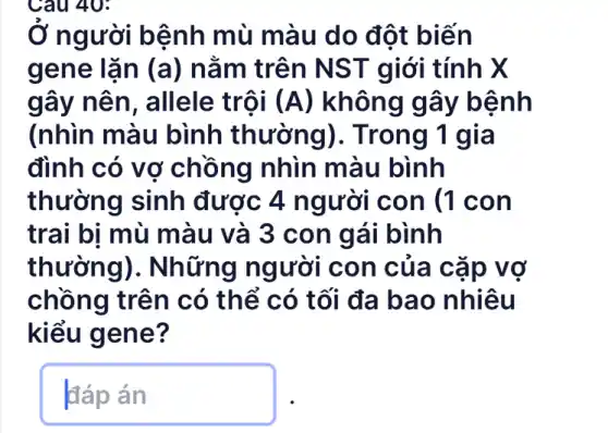 Ở người bệnh mù màu do đột biến
gene lặn (a) nằm trên NST giới tính X
gây nên , allele trội (A) không gây bệnh
(nhìn màu bình thường). Trong 1 gia
đình có vợ chồng nhìn màu bình
thường sinh được 4 người con (1 con
trai bị mù màu và 3 con gái bình
thường). Những người con của cặp vợ
chồng trên có thể có tối đa bao nhiêu
kiểu gene?
đáp án