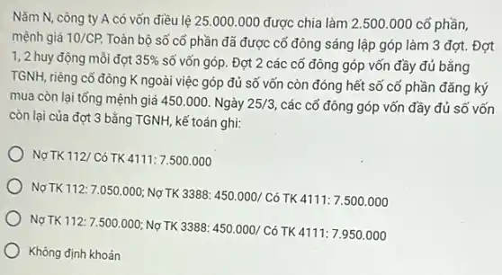 Nǎm N, công ty A có vốn điều lệ 25.000.000 được chia làm 2.500 .000 cổ phần,
mệnh giá 10/CP.
Toàn bộ số cố phần đã được cố đông sáng lập góp làm 3 đợt. Đợt
1,2 huy động mỗi đợt 35%  số vốn góp. Đợt 2 các cổ đông góp vốn đầy đủ bằng
TGNH, riêng cổ đông K ngoài việc góp đủ số vốn còn đóng hết số cố phần đǎng ký
mua còn lại tổng mệnh giá 450.000.Ngày 25/3, các cố đông góp vốn đầy đủ số vốn
còn lại của đợt 3 bằng TGNH, kế toán ghi:
Nợ TK 112/ Có TK 4111:7.500.000
Nợ TK 112:7.050.000 Nợ TK 3388: 450 .000/ Có TK 4111:7.500.000
Nợ TK 112: 7.500 .000; Nợ TK 3388:450.000/ Có
TK4111:7.950.000
Không định khoản