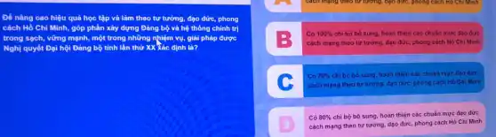 Để nâng cao hiệu quả học tập và làm theo tư tưởng đạo đức, phong
cách Hồ Chí Minh,góp phần xây dựng Đảng bộ và hệ thống chính trị
trong sạch, vững mạnh,một trong những nhiệm vụ, giải pháp được
Nghị quyết Đại hội Đảng bộ tỉnh lần thứ XX Xác định là?
cách mạng theo từ tương, đạo đức, phòng cách Hồ Chí Minh
B
Có 100%  chi bộ bổ sung,hoàn thiện các chuẩn mực đạo đức
cách mạng theo tư tưởng, dạo đức, phong cách Hồ Chí Minh
Có 70%  chi bộ bố sung.hoàn thiện các chuẩn mực đạo đức
cách mạng theo tư tưởng, đạo đức, phong cách Hồ Chi Minh
D
Có 80%  chi bộ bổ sung hoàn thiện các chuẩn mực dạo đức
cách mạng theo tư tường, dạo đức, phong cách Hồ Chí Minh