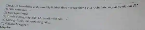 Đáp án:
Câu 2. Có bao nhiêu ví dụ sau đây là hình thức học tập thông qua nhận thức và giải quyết vấn đề?
(1) Giải toán khó.
(2) Học ngoại ngữ.
(3) Tránh đường dây điện khi trười mưa bão.
(4) Không đi tiểu tiện nơi công cộng.
(5) Gãi khi bị ngửa.X