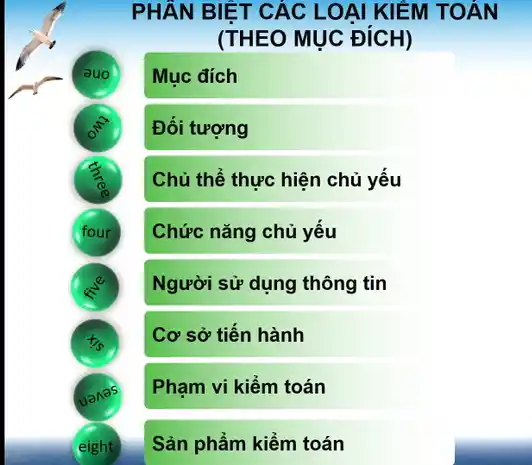 PHÂN BIỆT CÁC LOẠI KIỂM TOÁN
(THEO MUC ĐíCH)
auo
Muc đích
Đối tượng
Chủ thể thực hiện chủ yếu
four
Chức nǎng chủ yếu
Người sử dụng thông tin
Cơ sở tiến hành
Phạm vi kiểm toán
eight
Sản phẩm kiểm toán