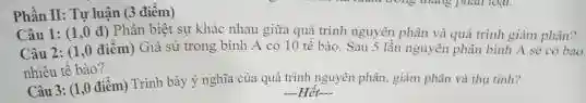 Phần II: Tự luận (3 điểm)
Câu 1: (1,0 d) Phân biệt sự khác nhau giữa quá trình nguyên phân và quả trình giảm phân?
Câu 2: (1,0 điểm)Giả sử trong binh A có 10 tế bào. Sau 5 lần nguyên phân bình A se có bao
nhiêu tế bào?
Câu 3: (1,0 điểm) Trình bảy ý nghĩa của quá trình nguyên phân.giảm phân và thụ tinh?