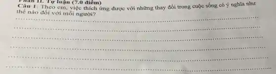Phân II. Tự luận (7.0 điểm)
Câu 1: Theo em , việc thích ứng được với những thay đổi trong cuộc sống có ý nghĩa như
thế nào đối với mỗi người?
__